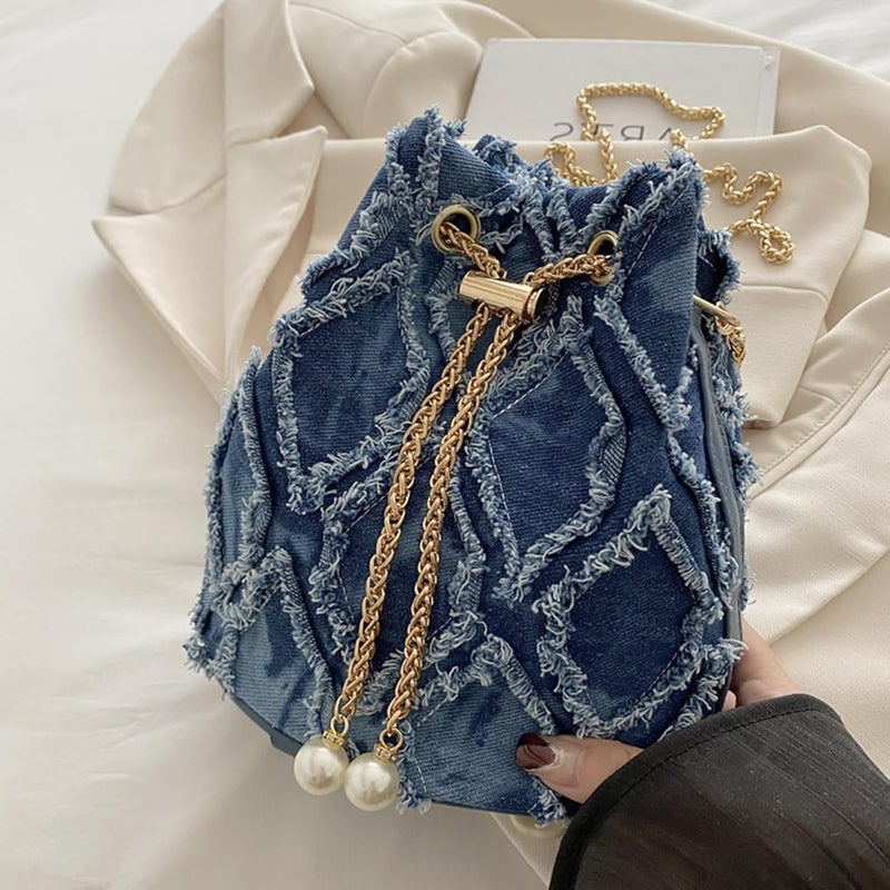 ROBOHOOK Denim Bucket Bag, Denim Purses for Women, Drawstring Jean Crossbody Shoulder Purse Hobo Bag, for Commuting, Shopping, Dating - Image 3
